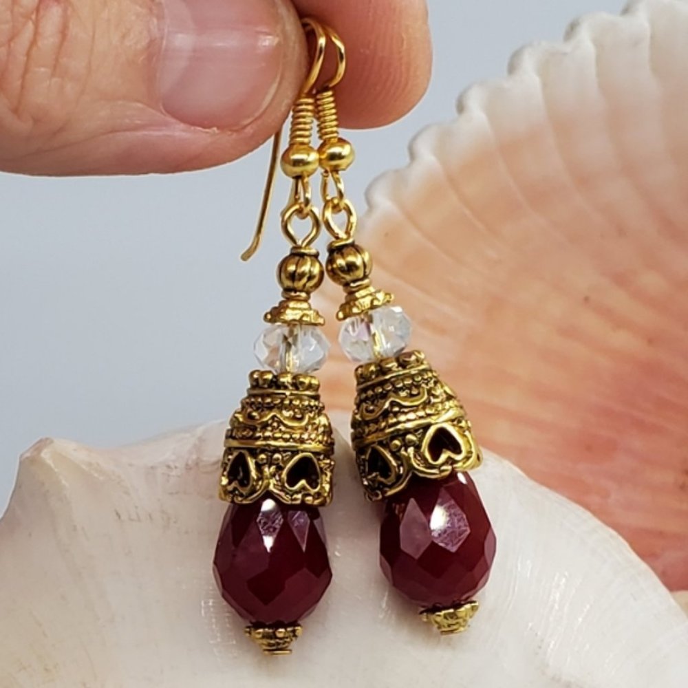 Boho Jewelry Burgundy Crystals Long  Gold Earrings Gift For Women
